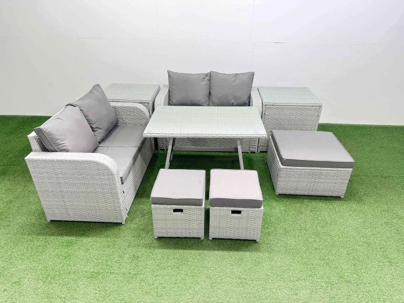 Fimous 7 Seater Outdoor Love Sofa Set Rattan Garden Furniture Set with Rectangular Dining Table 2 Side Tables 3 Footstools Light Grey