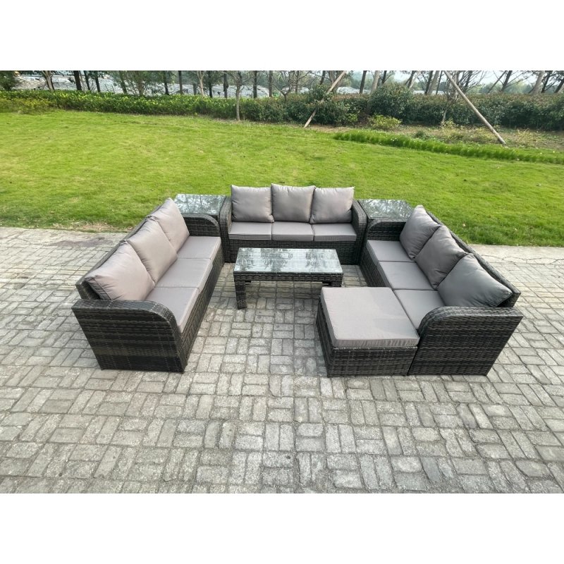Fimous 10 Seater Rattan Garden Furniture Set Indoor Outdoor Patio Sofa Set with Coffee Table 2 Side Tables Big Footstool Dark Grey Mixed