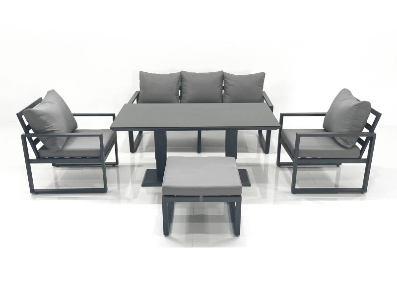 Fimous Outdoor Aluminium Garden Furniture Set with Adjustable Rising Lifting Dining Table 3 Seater Sofa 2 Chair Big Footstool Dark Grey