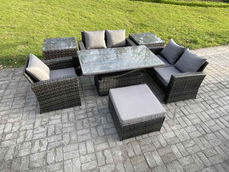 Fimous 7pcs Rattan Outdoor Garden Furniture Set Height Adjustable Rising Lifting Table Sofa Dining Set with 2 Side Tables Big Footstool Dark Grey Mixed