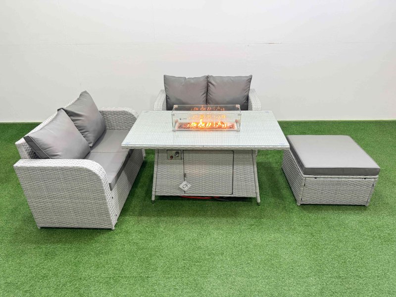 Fimous 5 Seater Outdoor Love Sofa Set Rattan Garden Furniture Set with Firepit Dining Table Big Footstool Light Grey