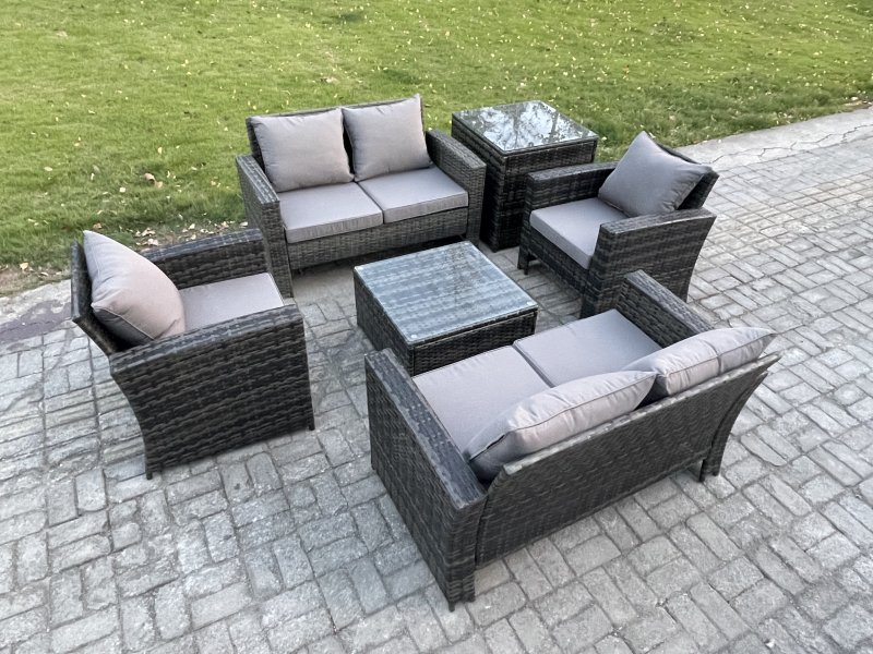 Fimous Rattan Garden Furniture Set 6 Seater Patio Outdoor Lounge Sofa Set with Square Coffee Table Double Seat Sofa Side Table Dark Grey Mixed