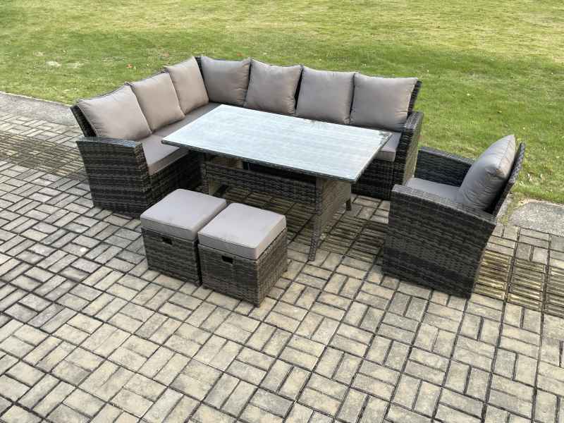 Fimous 9 Seater Garden Rattan Furniture Corner Dining Set with 2 Small Footstools Armchair Indoor Outdoor Lounge Sofa Set
