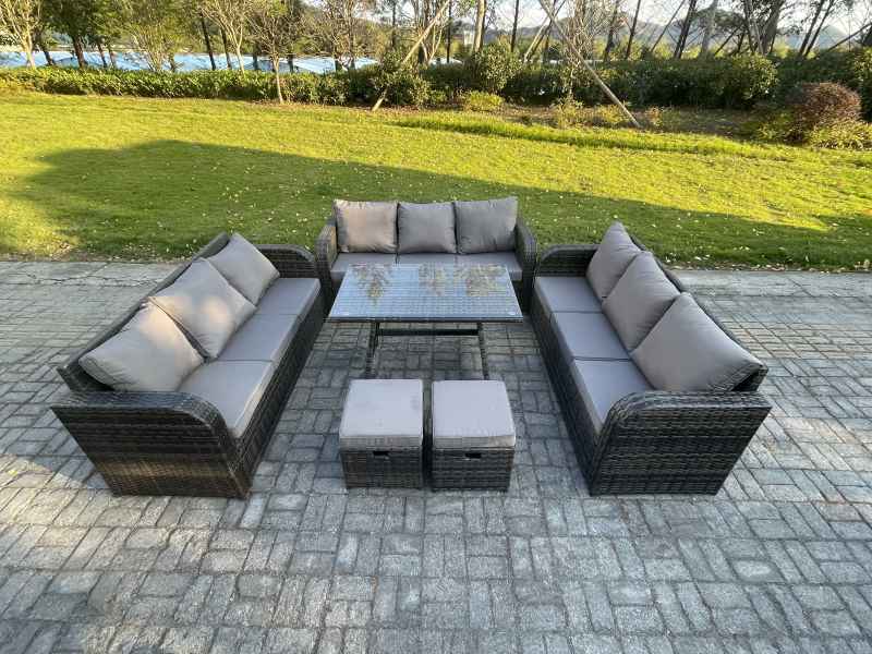 Fimous 11 Seater Wicker Rattan Garden Furniture Set with Rectangular Dining Table 2 Small Footstools Patio Outdoor Lounge Sofa Set