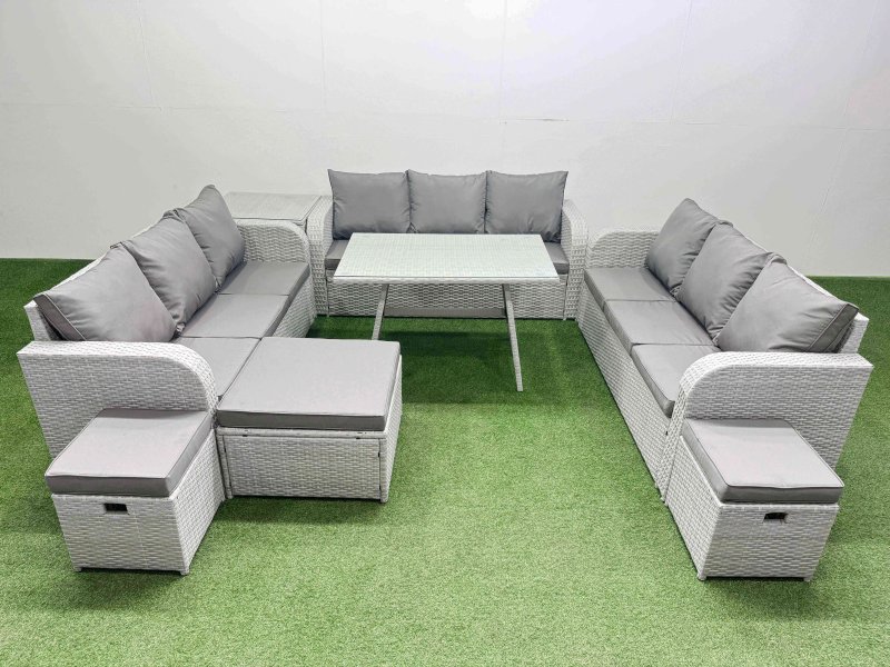 Fimous 12 Seat Outdoor PE Rattan Garden Furniture with Cushions 3 Seater Sofa Side Table 3 Stool Light Grey