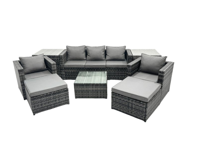 Fimous Outdoor Rattan Garden Furniture Set 7 Seater Patio Lounge Sofa Set with Armchair Square Coffee Table 2 Side Tables 2 Big Footstool Dark Grey Mixed