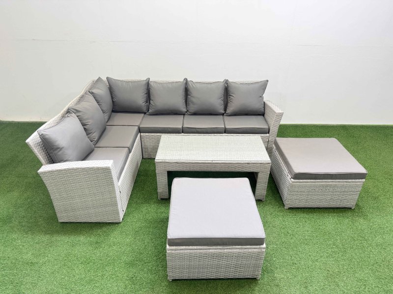 Fimous Rattan Garden Furniture Set Outdoor 8 Seater Corner Sofa Sets with Oblong Coffee Table 2 Big Footstools Light Grey Mixed