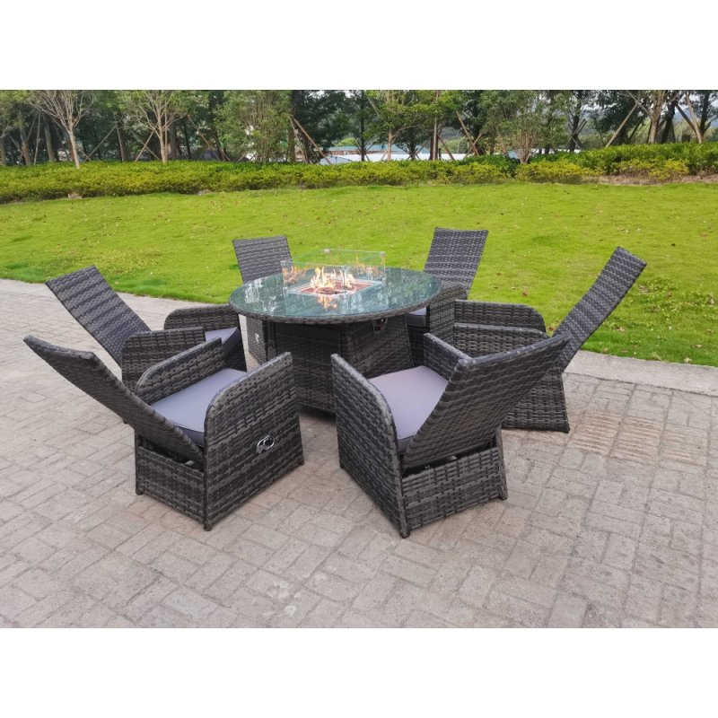 Fimous Rattan Garden Furniture Gas Fire Pit Round Dining Table And Chairs 6 Seater Plus Round Table