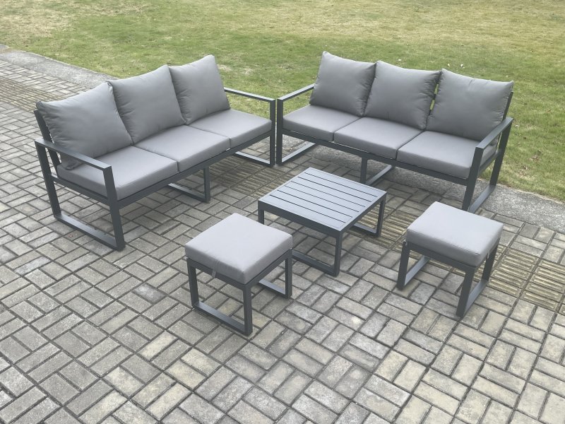 Fimous Aluminium 5 Pieces Garden Furniture Sofa Set with Cushions 8 Seater Outdoor Patio Set with Square Coffee Table 2 Small Footstools Dark Grey