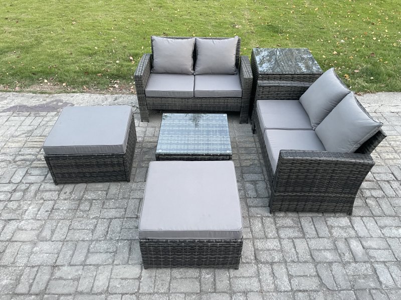 Fimous 6 Seater Rattan Outdoor Garden Furniture Sofa Set with 2 Big Footstool Side Table Dark Grey Mixed