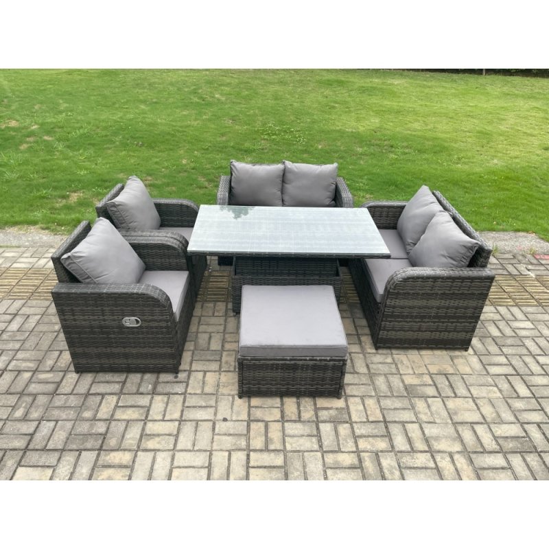 Fimous Rattan Furniture Outdoor Garden Dining Set Patio Height Adjustable Rising lifting Table Love Sofa Chair With Big Footstool