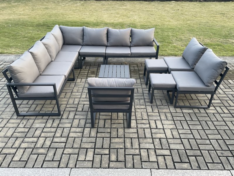 Fimous 12 Seater Outdoor Aluminium Garden Furniture Set Corner Lounge Sofa Set with Square Coffee Table 2 Small Footstools Dark Grey