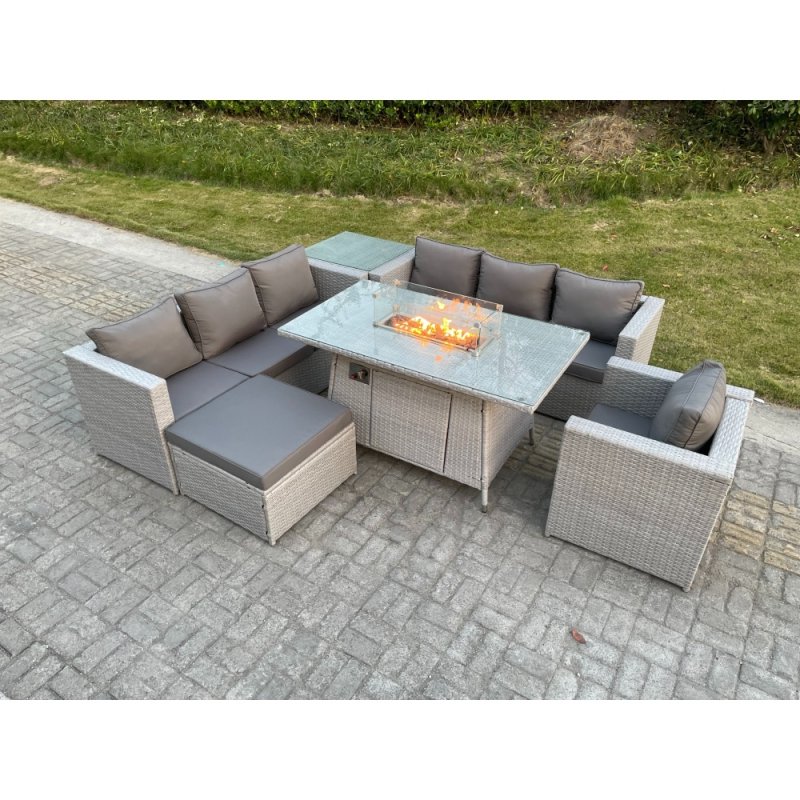 Fimous Light Grey Rattan Fire Pit Garden Furniture Set Gas Heater Burner Lounge Sofa With Side Coffee Table Big Footstool Chair