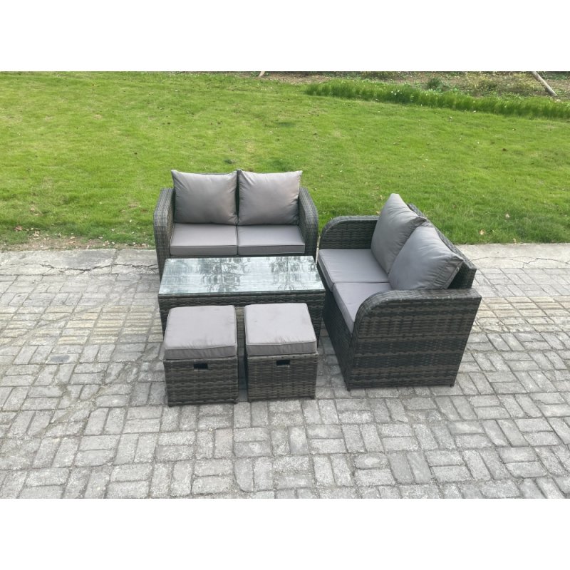 Fimous Patio Garden Furniture Sets Wicker Outdoor Rattan Furniture Sofa Sets with Rectangular Coffee Table 2 Small Footstools
