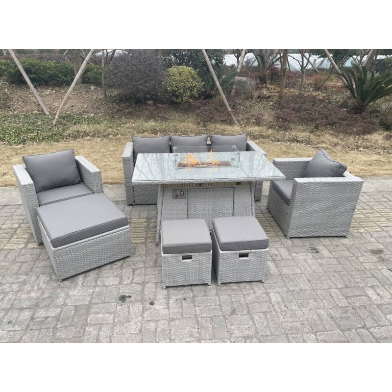 Fimous Light Grey Rattan Fire Pit Garden Furniture Set Gas Heater Burner Chairs With 3 PC Stools