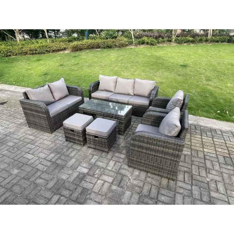 Fimous 9 Seater Dark Grey PE Wicker Rattan Garden Furniture Set Reclining Chair Love Seat 3 Seater Sofa Set Outdoor Rectangular Coffee Table Stools