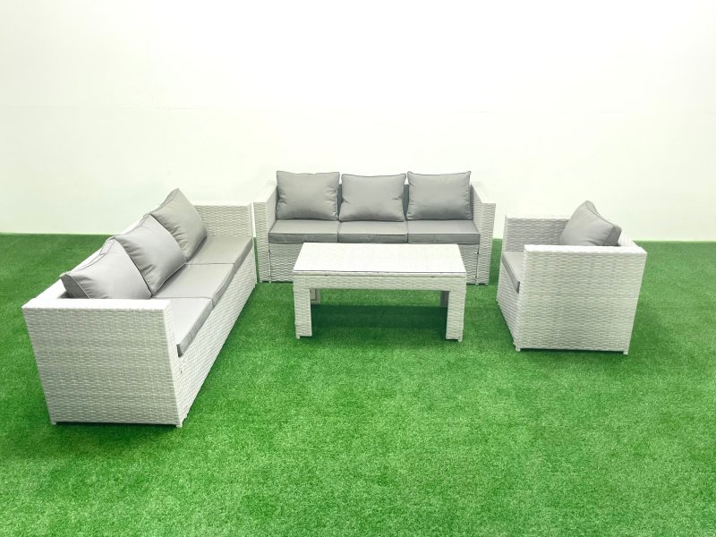 Fimous Wicker PE Rattan Sofa Garden Furniture Set with Oblong Coffee Table Armchair Light Grey Mixed