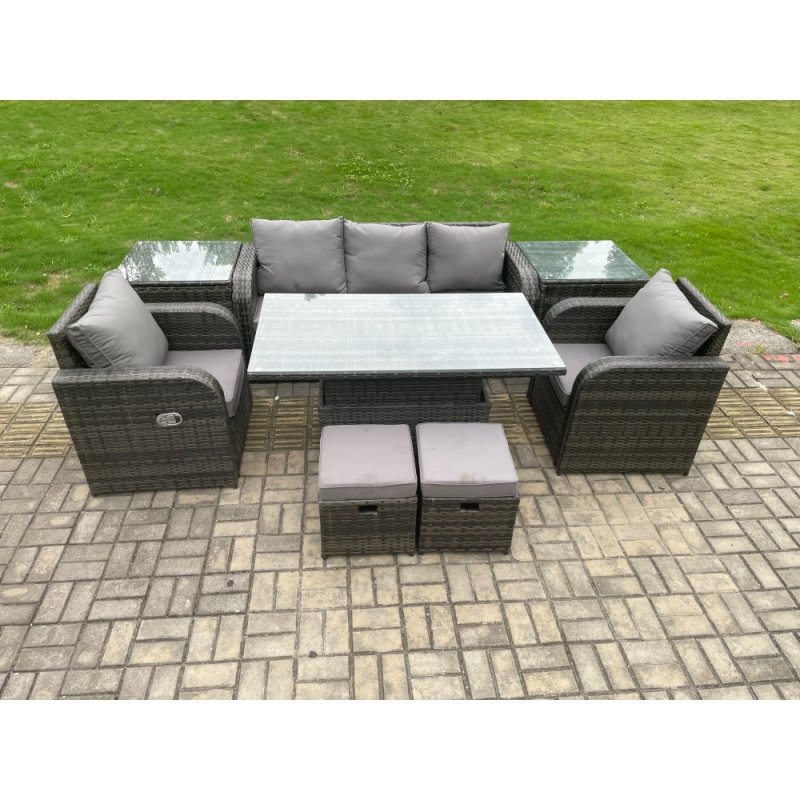 Fimous Outdoor Rattan Furniture Garden Dining Sets Height Adjustable Rising lifting Table Sofa Set With Chairs Side Tables 2 Small Footstools