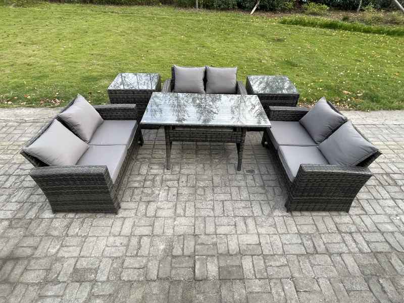 Fimous 6 Seater Wicker PE Rattan Garden Furniture Sets Outdoor Lounge Sofa Set with Oblong Dining Table Double Seat Sofa 2 Side Tables Dark Grey Mixed
