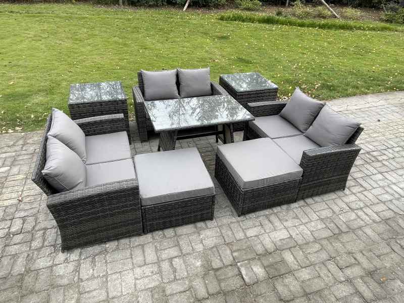 Fimous Outdoor Lounge Sofa Set Wicker PE Rattan Garden Furniture Set with Rectangular Dining Table 2 Seat Sofa 2 Big Footstool 2 Side Tables Dark Grey Mixed