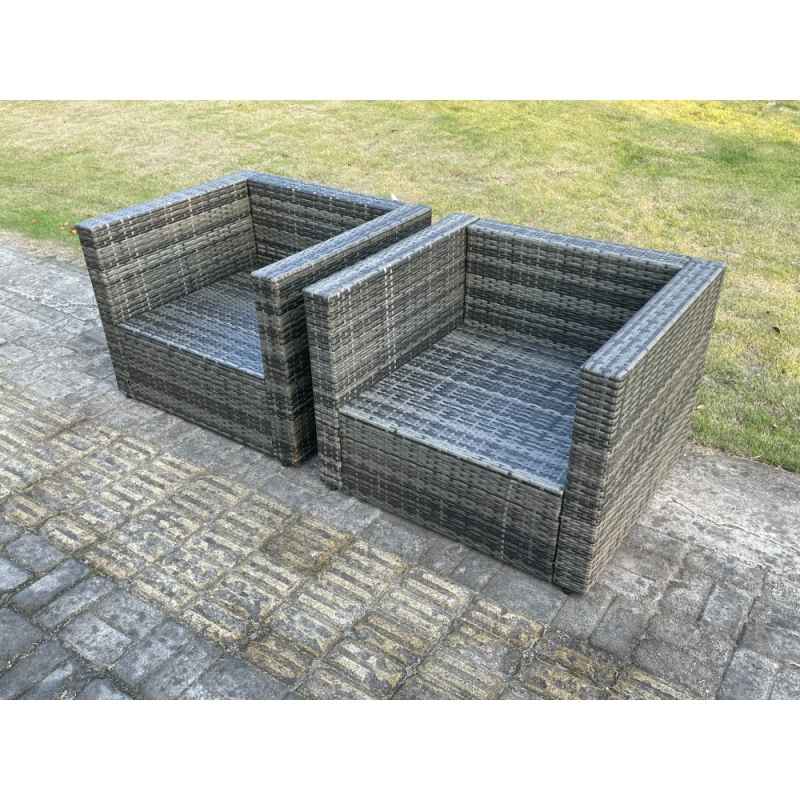 Fimous 2 PC Outdoor Rattan Single Sofa Chair Garden Furniture With Seat and Back Cushion Dark Grey Mixed