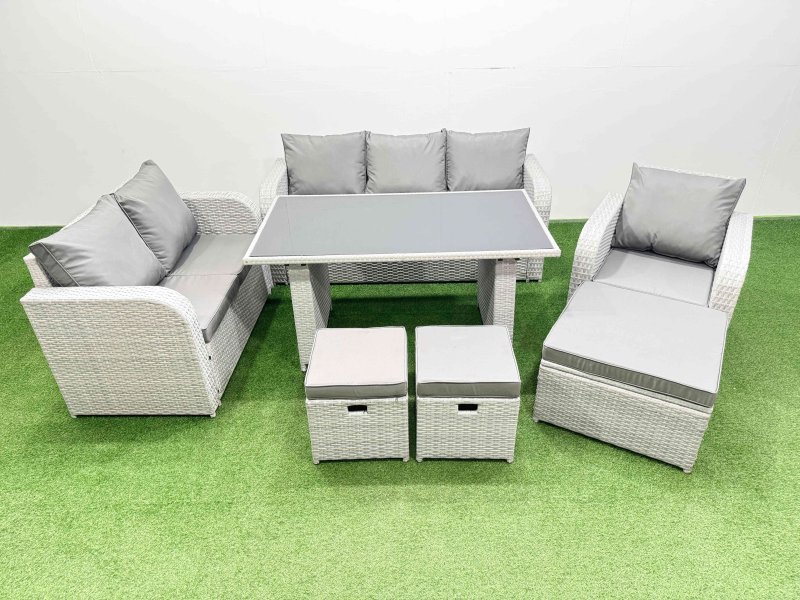 Fimous Rattan Outdoor Table Reclining Chair Sofa Set with 3 Stools Light Grey 9 Seater