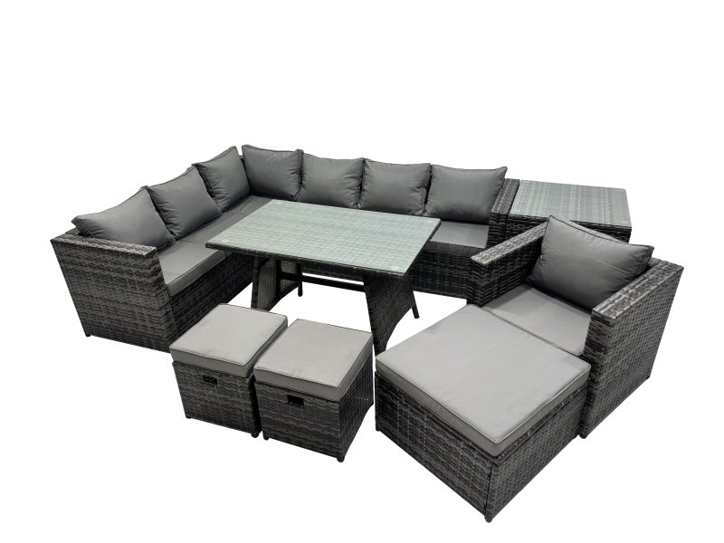 Fimous 10-seater Outdoor PE Rattan Sofa Set with Dining Table Patio Garden Furniture Sets with Chair 3 Stools Side Table Dark Grey Mixed