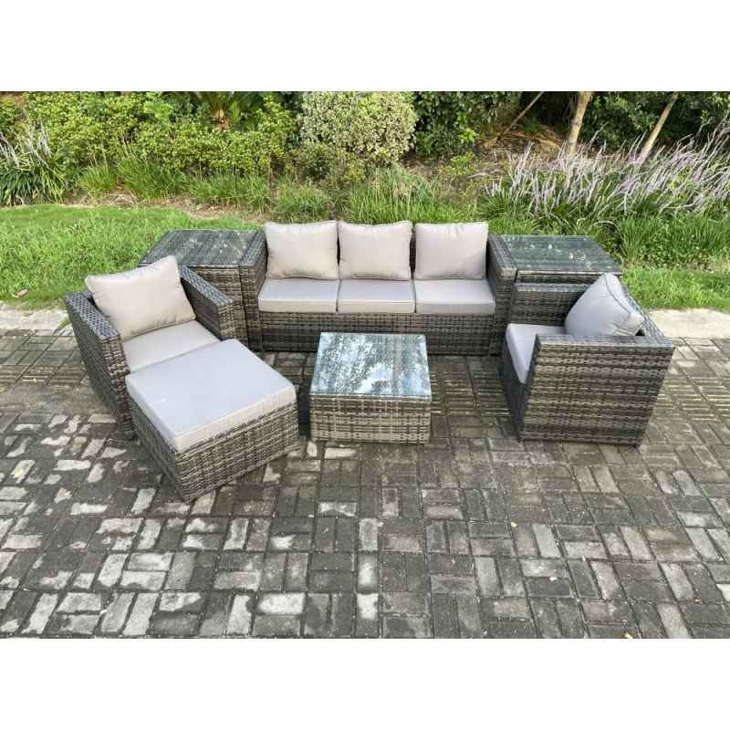 Fimous Wicker 7 Pieces Rattan Garden Furniture Sofa Set with Armchair 2 Side Tables Square Coffee Table Big Footstool Dark Grey Mixed