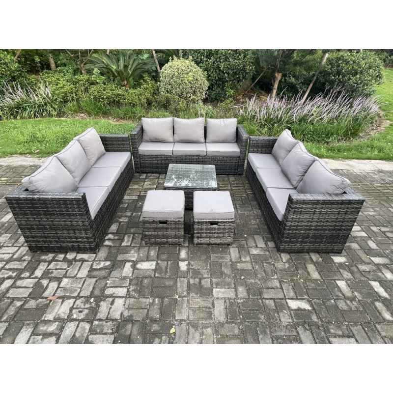 Fimous Outdoor Rattan Garden Furniture Set 11 Seater Patio Lounge Sofa Set with Square Coffee Table 2 Small Footstool Dark Grey Mixed