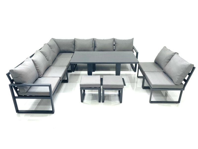 Fimous 11 Seater Outdoor Aluminum Garden Furniture Set Corner Sofa 2 Small Footstools Rising Lifting Dining Table Sets Dark Grey