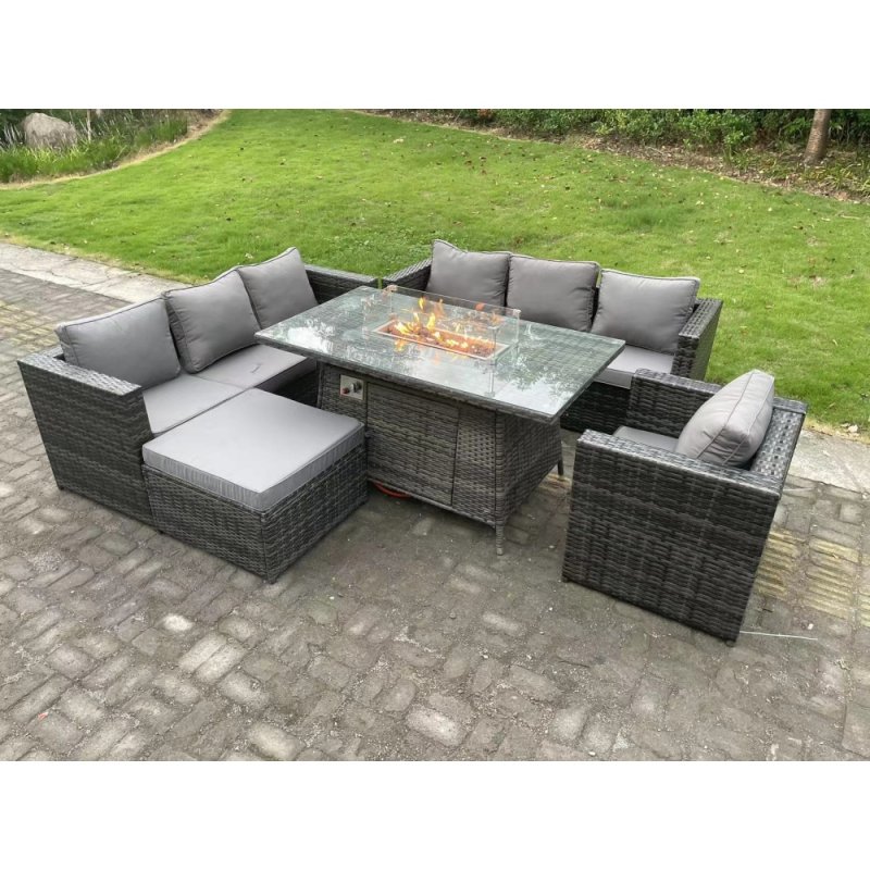 Fimous Outdoor Rattan Garden Furniture Sofa Set Gas Fire Pit Dining Table Gas Heater Burner With Armchair Big Footstool 8 Seater Dark Grey Mixed