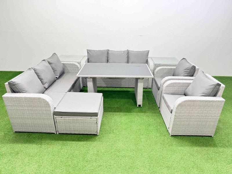 Fimous 9 Seater Wicker PE Rattan Furniture Outdoor Dining Table 3 Seater Sofa Reclining Chair Set with 2 Side Tables Big Stool Light Grey