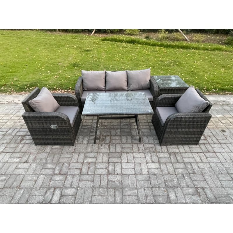 Fimous Rattan Wicker Garden Furniture Patio Conservatory Sofa Set with Rectangular Dining Table Reclining Chair 3 Seater Sofa Side Table