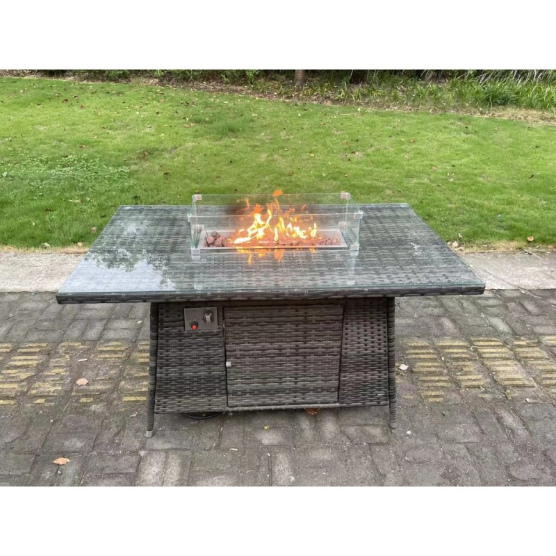 Fimous Rattan Garden Furniture Sofa Set Outdoor Patio Gas Fire Pit Dining Table Gas Heater Burner With Side Table Armchair Big Footstool 8 Seater Dark Grey Mixed