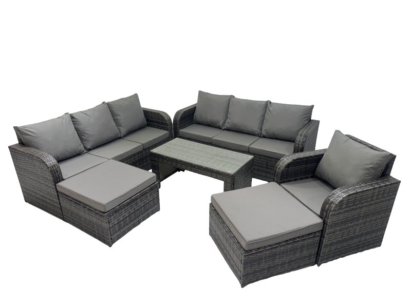 Fimous Rattan Garden Outdoor Furniture Set 3 Seater Sofa Reclining Chair Coffee Table with 2 Big Footstools Dark Grey Mixed