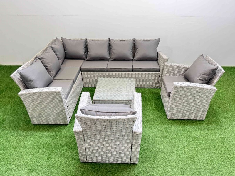Fimous Outdoor Rattan Garden Furniture Set 8 Seater Corner Sofa Sets with Square Coffee Table 2 Chairs Light Grey Mixed