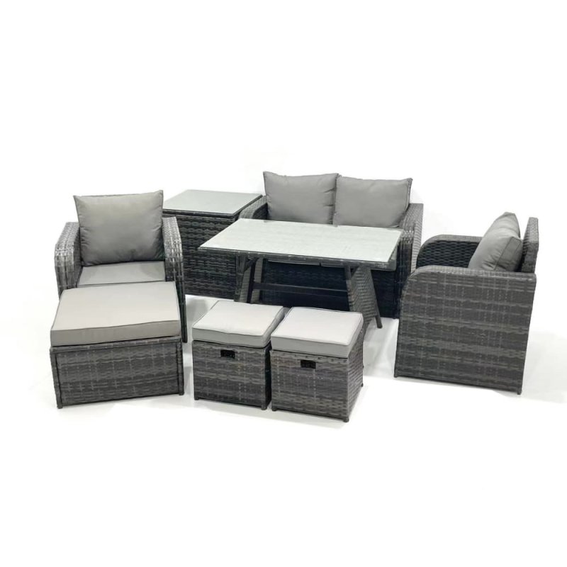 Fimous Outdoor Garden Furniture Set Rattan Sofa Dining Table Set with Reclining Chair 3 Footstool Side Table Dark Grey Mixed