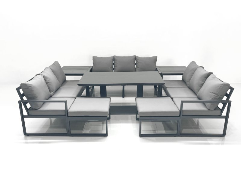 Fimous 11 Seater Garden Sofa Set Aluminium Furniture Rising Dining Tabe Set with 2 Side Tables 2 Big Footstools Dark Grey
