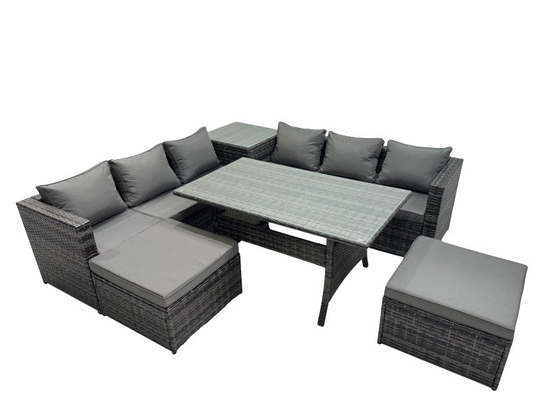 Fimous 7 Seater Outdoor Corner Sofa Dining Table Set Garden Rattan Furniture Set with Side Table Big Stool Dark Grey