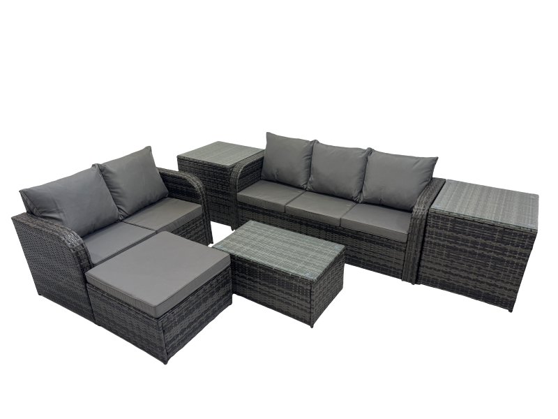 Fimous Outdoor Love Sofa 3 Seater Sofa Coffee Table Set Garden Rattan Furniture Set 6 Seater with 2 Side Tables Big Stool Dark Grey