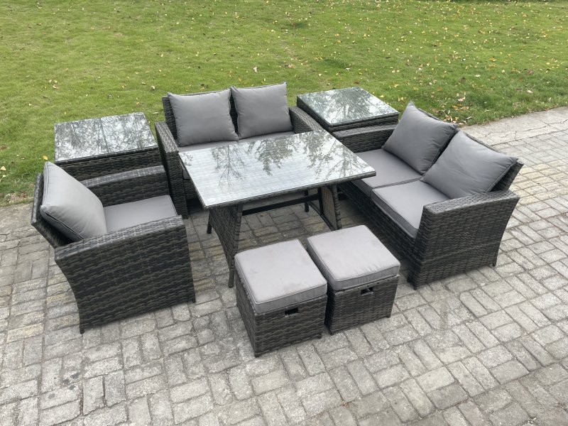 Fimous Garden Dining Set Wicker PE Rattan Outdoor Furniture Sofa with Rectangular Dining Table Double Seat Sofa 2 Side Tables 2 Small Footstools Dark Grey Mixed