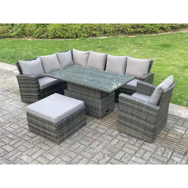 Fimous 8 Seater?Outdoor High Back Rattan Adjustable Rising Lifting Dining Table Corner Sofa Set Garden Furniture Set Dark Grey Mixed Left Hand