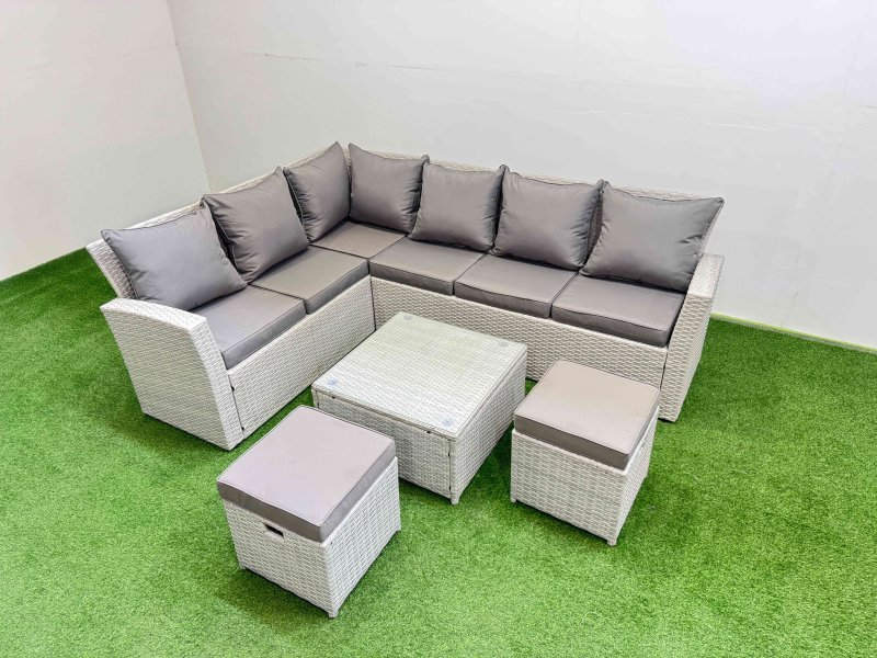 Fimous Outdoor Rattan Garden Furniture Set 8 Seater Corner Sofa Sets with Square Coffee Table 2 Small Footstools Light Grey Mixed