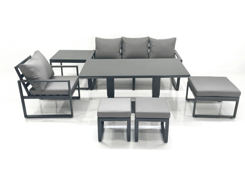 Fimous 7 Seater Garden Sofa Set Aluminium Furniture Rising Dining Tabe Set with Chair 3 Footstool Side Table Dark Grey