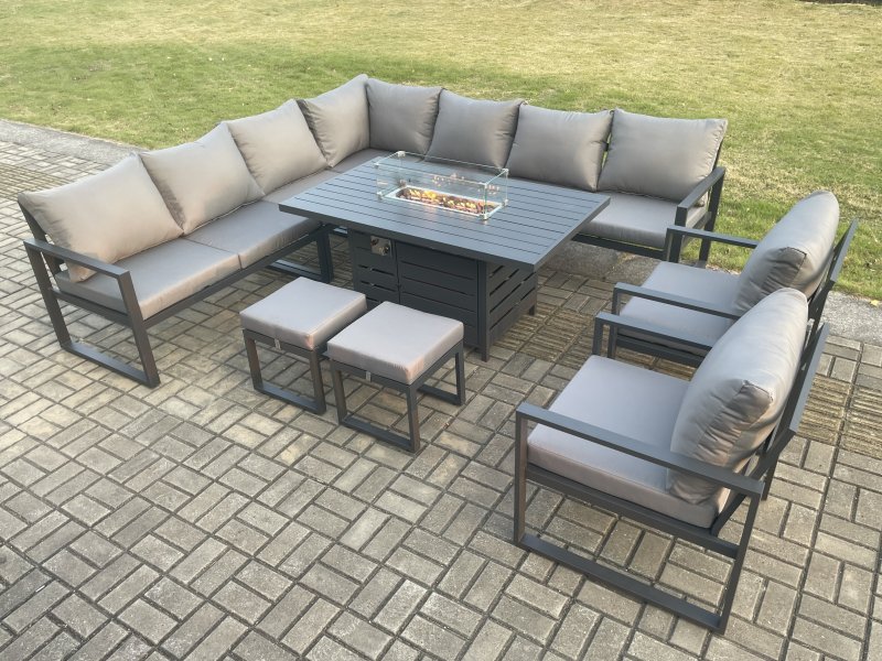 Fimous Aluminium 11 Seater Garden Furniture Outdoor Set Patio Lounge Sofa Gas Fire Pit Dining Table Set with 2 Chairs 2 Small Footstools Dark Grey