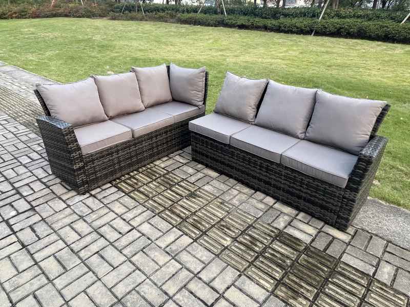 Fimous 6 Seater Outdoor Furniture Garden Dining Set Rattan Corner Sofa Set with Square Coffee Table Dark Grey Mixed