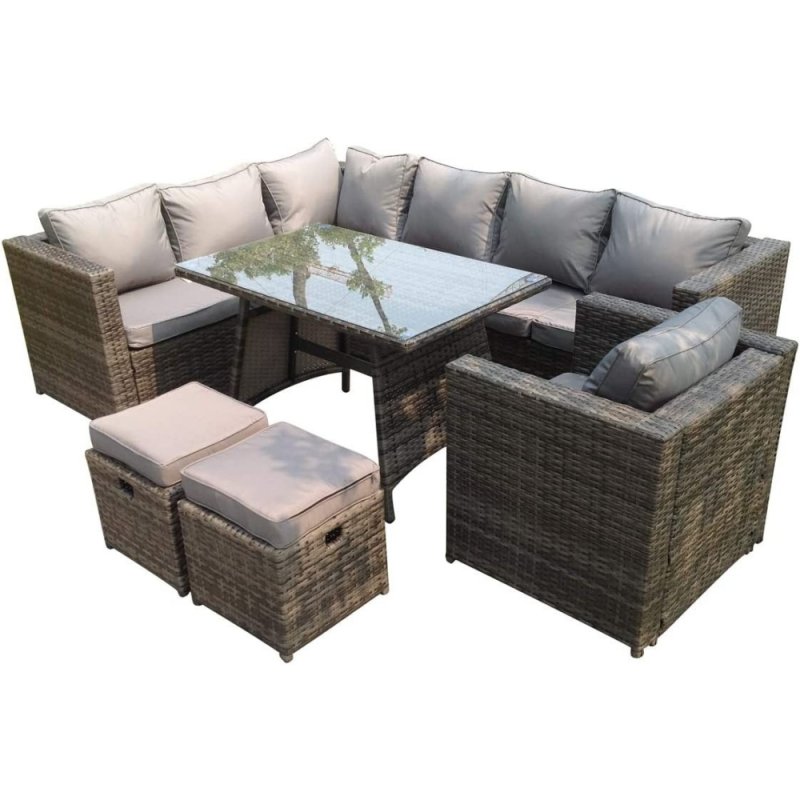 Fimous 9 Seater Grey Rattan Corner Sofa Set Dining Table Chair Foot Rest Garden Furniture Outdoor
