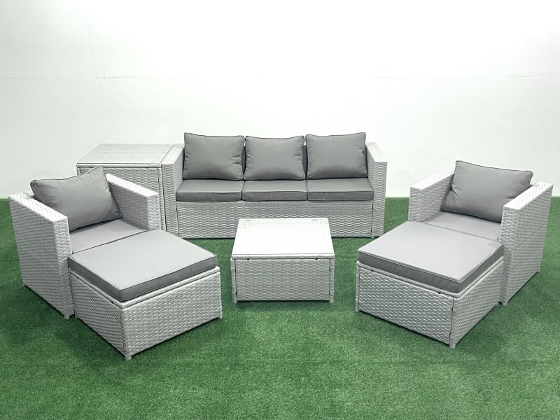 Fimous 7 Seater Rattan Garden Furniture Set with 3 Seater Sofa 2 Chair Square Coffee Table 2 Big Footstools Side Table Light Grey Mixed