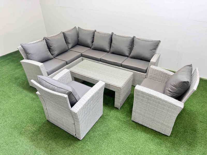 Fimous Rattan Garden Furniture Set Outdoor 8 Seater Corner Sofa Sets with Oblong Coffee Table Chair Light Grey Mixed