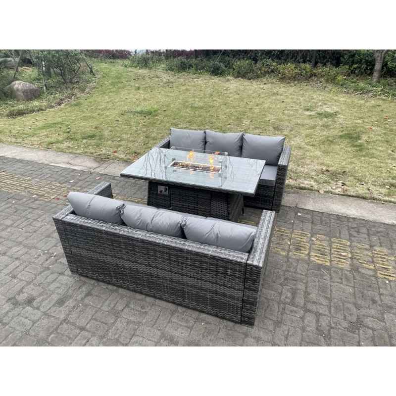 Fimous 6 Seater Outdoor PE Rattan Garden Furniture Gas Fire Pit Dining Table Set Lounge Sofa Three Seater Sofa Dark Grey Mixed Patio